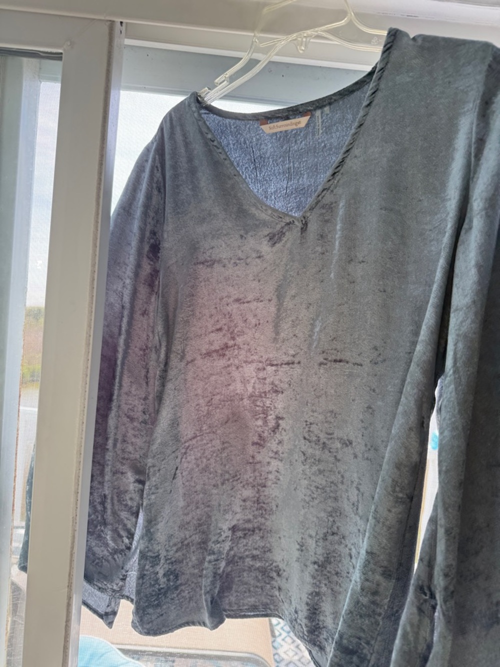 Lg. Soft Surroundings Crushed Velvet V-Neck Long Split Bell Sleeve Blue-Gray Top